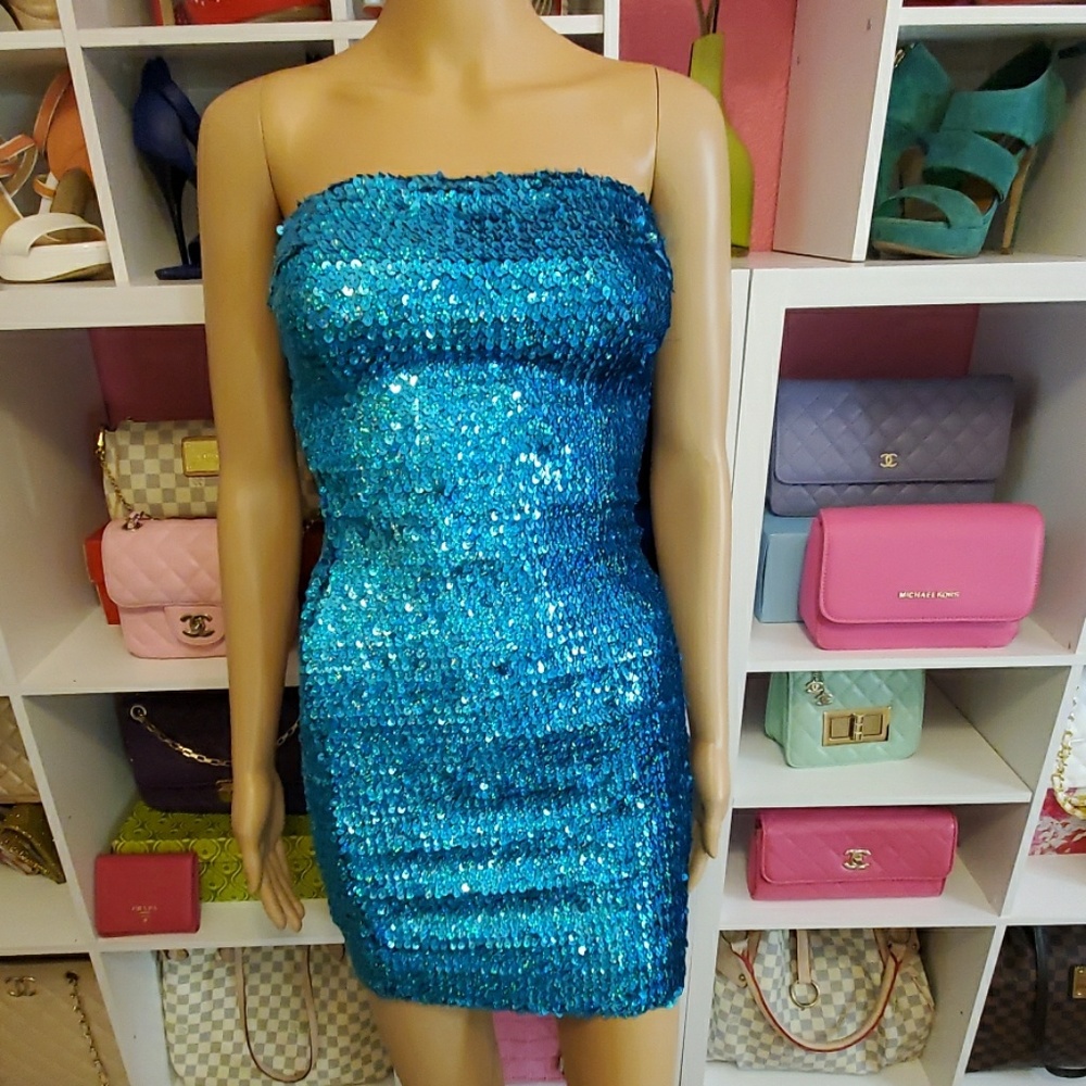 Sequin Teal strapless dress
